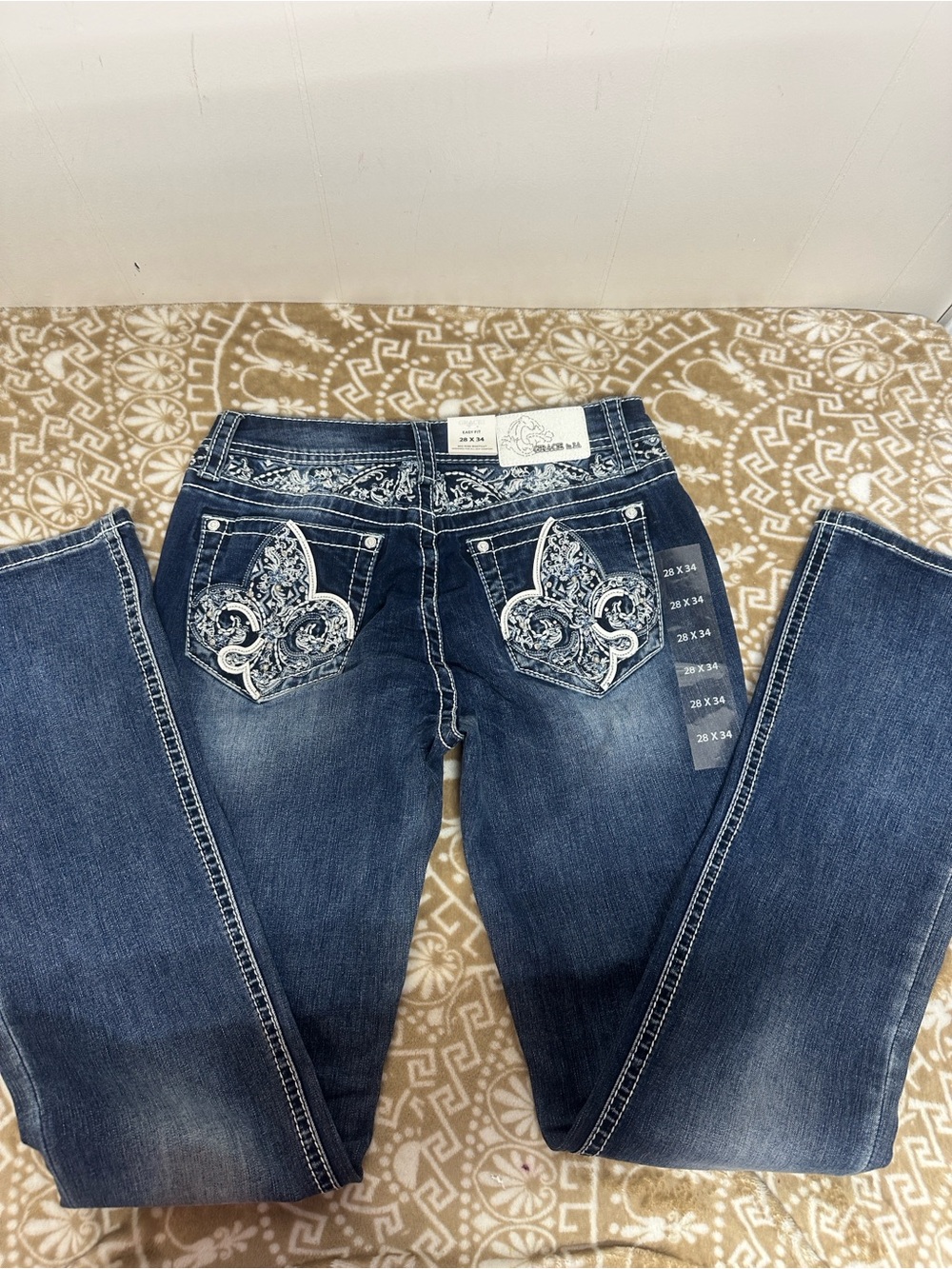 Grace Dark Blue Boot Cut Jeans with Fleur Embroidered Pockets